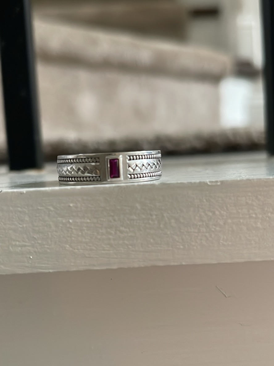 Sterling Silver Band Ring With Rectangular Ruby Accent